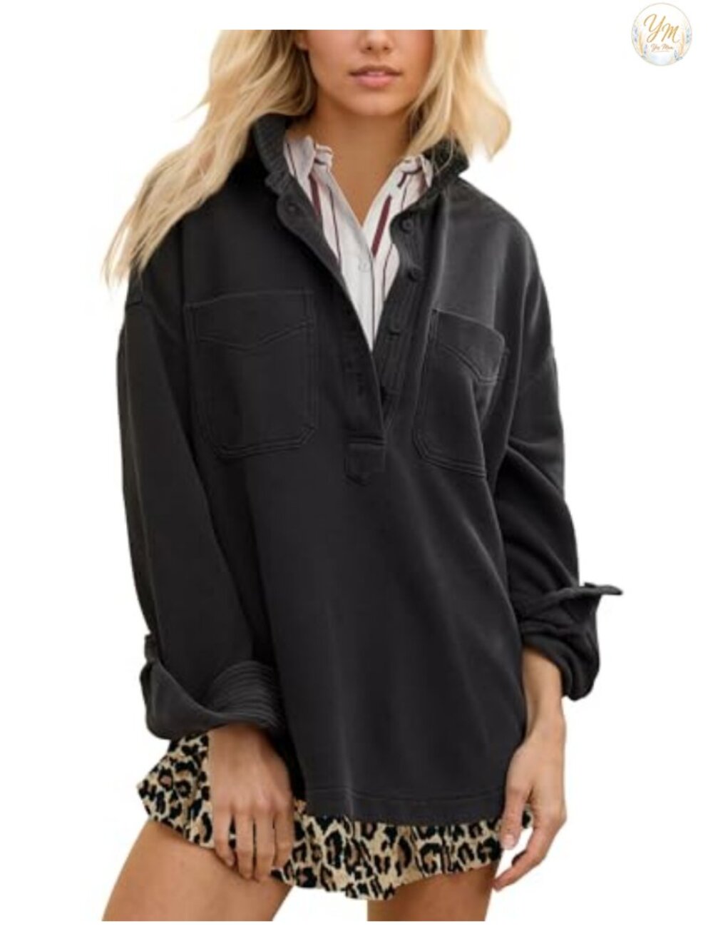 Oversized Polo Neck Sweatshirt Women's Cotton Pullover Fall Top